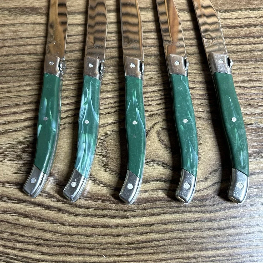 Wolfgang Puck Laguiole Steak Knife Set Stainless Steel Monogram WP Green Marbled